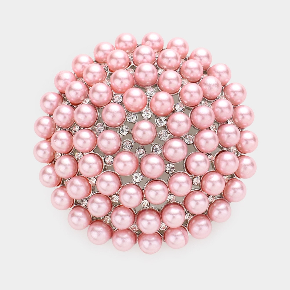 Silver Pink Pearl Brooch Crystal Pin 3 Inch Circle Rhinestones Bling Accessory